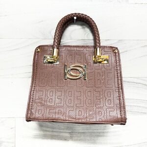 Bebe Handbag Women's Brown Allover Spellout Studded Braided Straps Classic Small